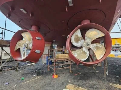 Bow thruster units in dry dock for marine propulsion repair