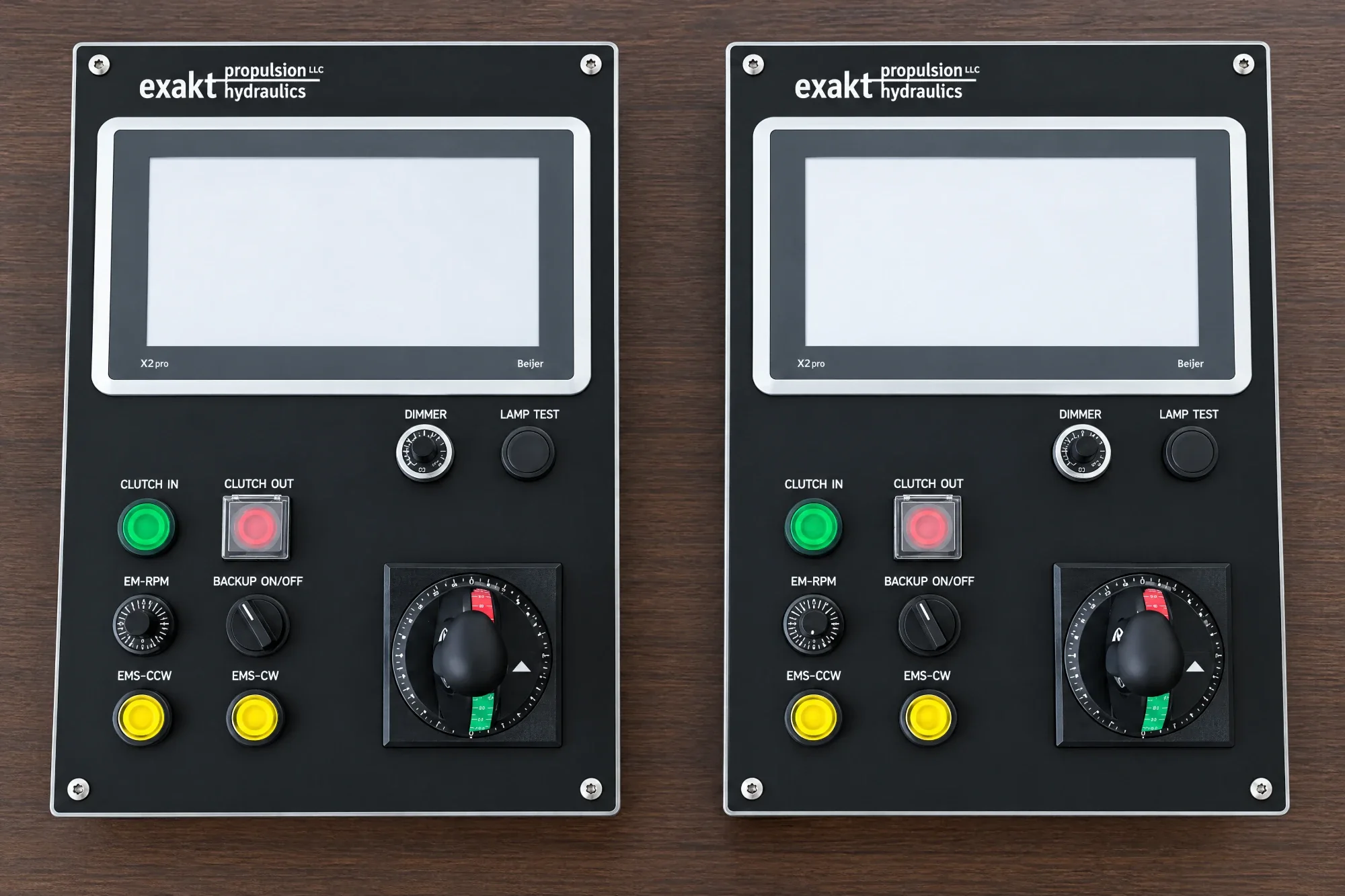 Two Exakt custom propulsion control panels with Beijer X2 pro HMI, clutch, backup and EMS controls