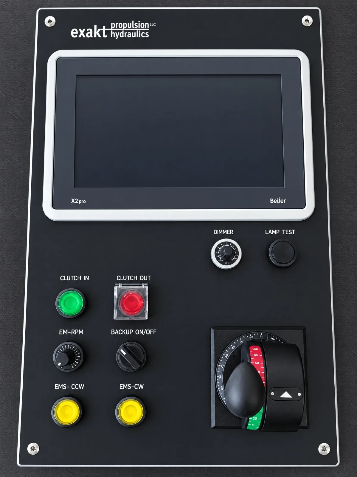 Exakt propulsion control panel with HMI display, dimmer, lamp test, clutch in/out and pitch control lever